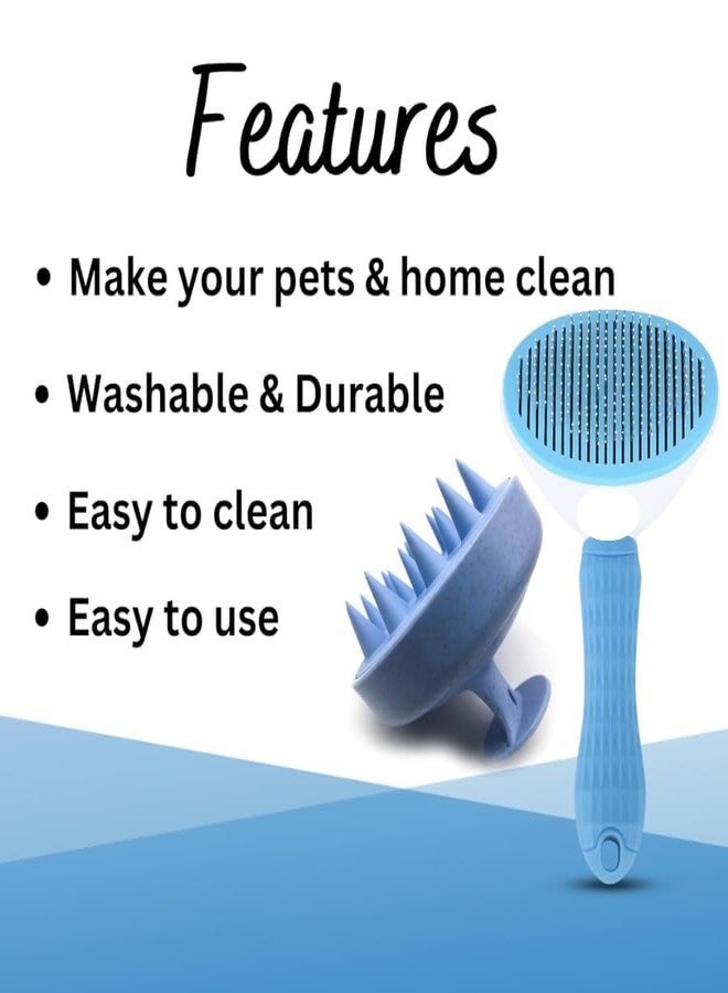 KittuPet فرشاة كيتو بيت 2 في 1 ذاتية التنظيف للتنظيف والتدليك للكلاب والقطط | تنظيف بضغطة زر، أسنان قابلة للسحب وشعيرات سيليكون ناعمة (فرشاة زرقاء + فرشاة تدليك) - Image 3